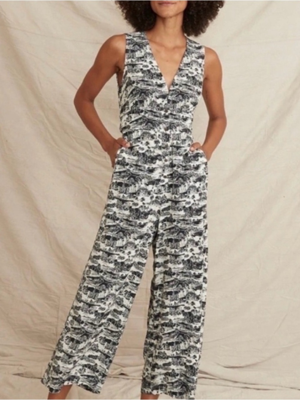 Marine Layer Holli Wide Leg Jumpsuit In California Icon Print V Neck Pockets XS